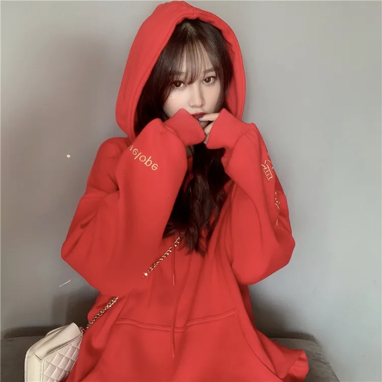 Ulzzang негабаритных осень зима красные толстовки женские с капюшоном Корейская одежда модные брендовые Кофты модные брендовые женские хипстерские