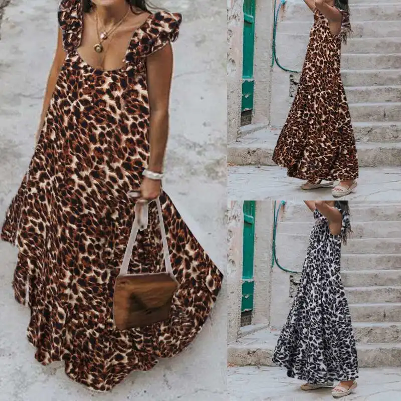 ZANZEA женское летнее леопардовое платье с оборками, повседневное Плиссированное длинное платье без рукавов, пляжное макси платье, свободные платья для вечеринок