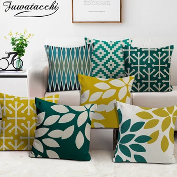 

Fuwatacchi Pure Linen Cushion Cover Green Yellow Geometric pattern Pillow Covers for Home Chair Sofa Decorative Pillowcase 45x45