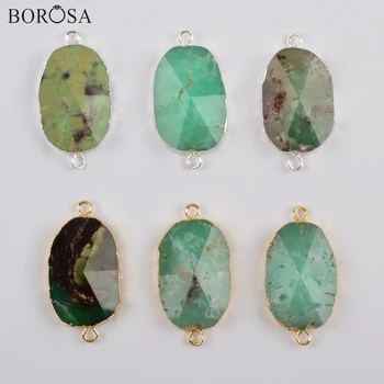 

BOROSA 5Pcs New Gold/Silver Color Natural Australian Jades Faceted Connector Natural Green Jaspers for Necklace Jewelry G1865