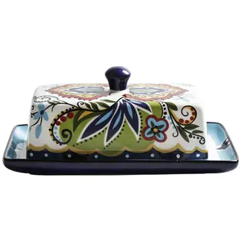 

1pc Food Container Butter Plate With Lid Household Tableware Storage Boxes Creative Floral Pattern Ceramic Butter Box With Lid