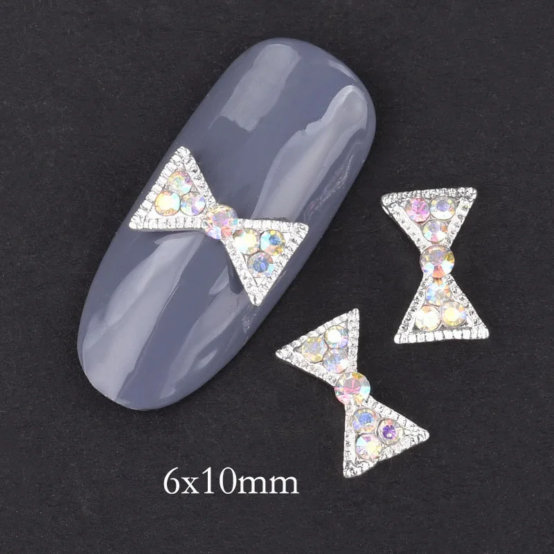 10pcs 3d bow tie nail decoration accessories silver strass rhinestones AB White diamond glitter metal charms for nails QB007-008 - Цвет: QB007