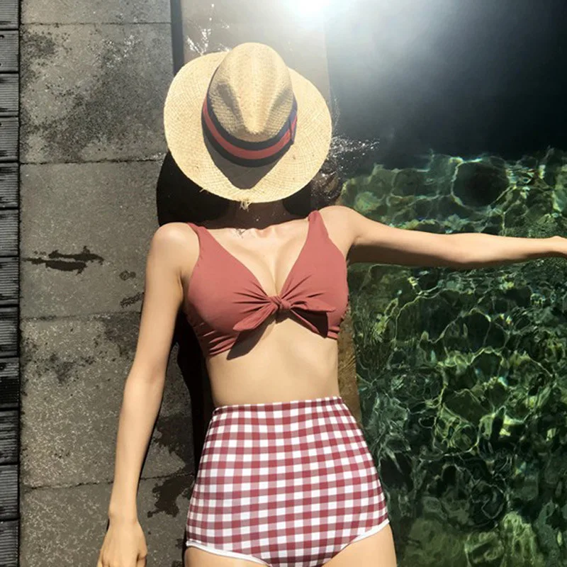 

South Korea New Style GIRL'S Retro Plaid Bean-Small Bust Gathering High-waisted Belly Covering Slimming Two-piece Swimsuits Wome