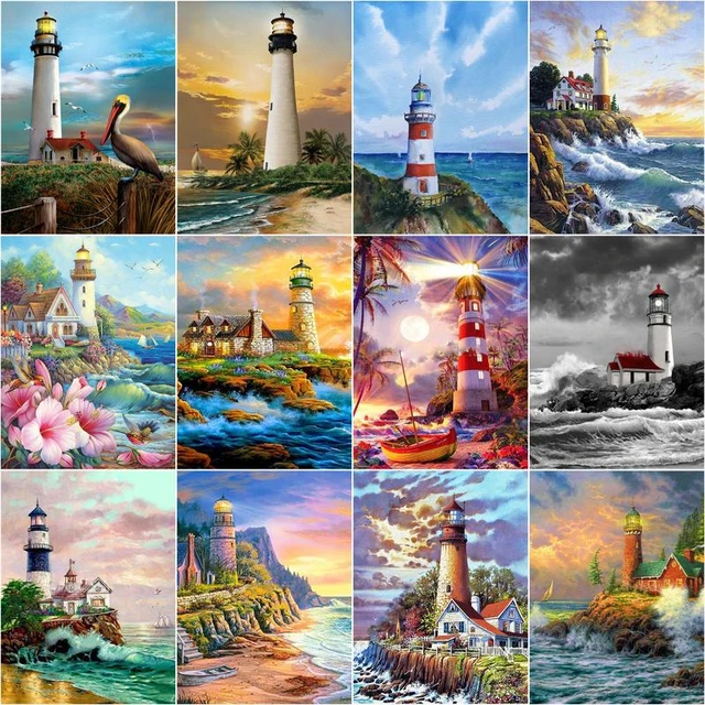 CHENISTORY 40x50cm Painting By Numbers Handmade Acrylic Paint Kit  Lighthouse Home Decors For Adults Coloring By Number On Canvas - AliExpress