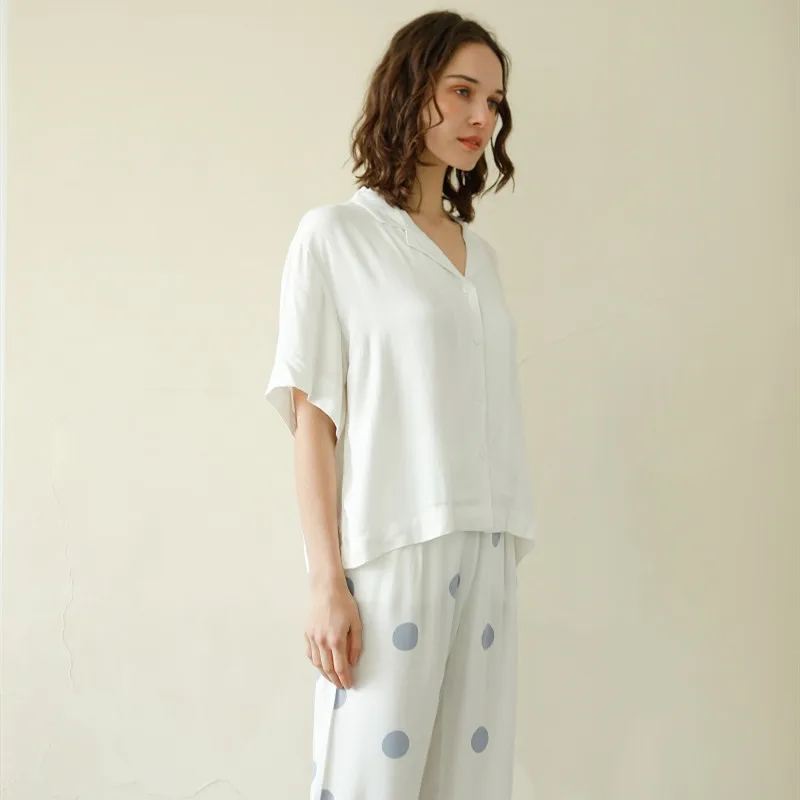 

White Short Sleeve Pajama Sets Blue Dot Ankle-Length Pants Loose Comfortable Sleepwear Suits Summer Casual 100% Viscose Women's