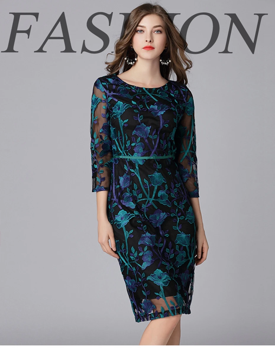 New Arrival Spring Vintage Dress Three Quarter Knee Length Plus Size Pattern Embroidery elegant lady Lace Dress 16133