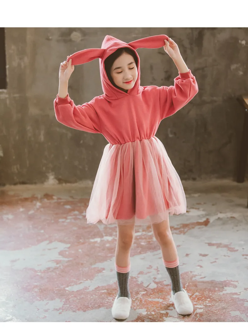 2020 Spring Autumn Big Girls Cute Pink Rabbit Ears Hooded Sweater Dresses Children Cotton Mesh Dress Blue Size 6 8 9 10 11 12 13 (12)