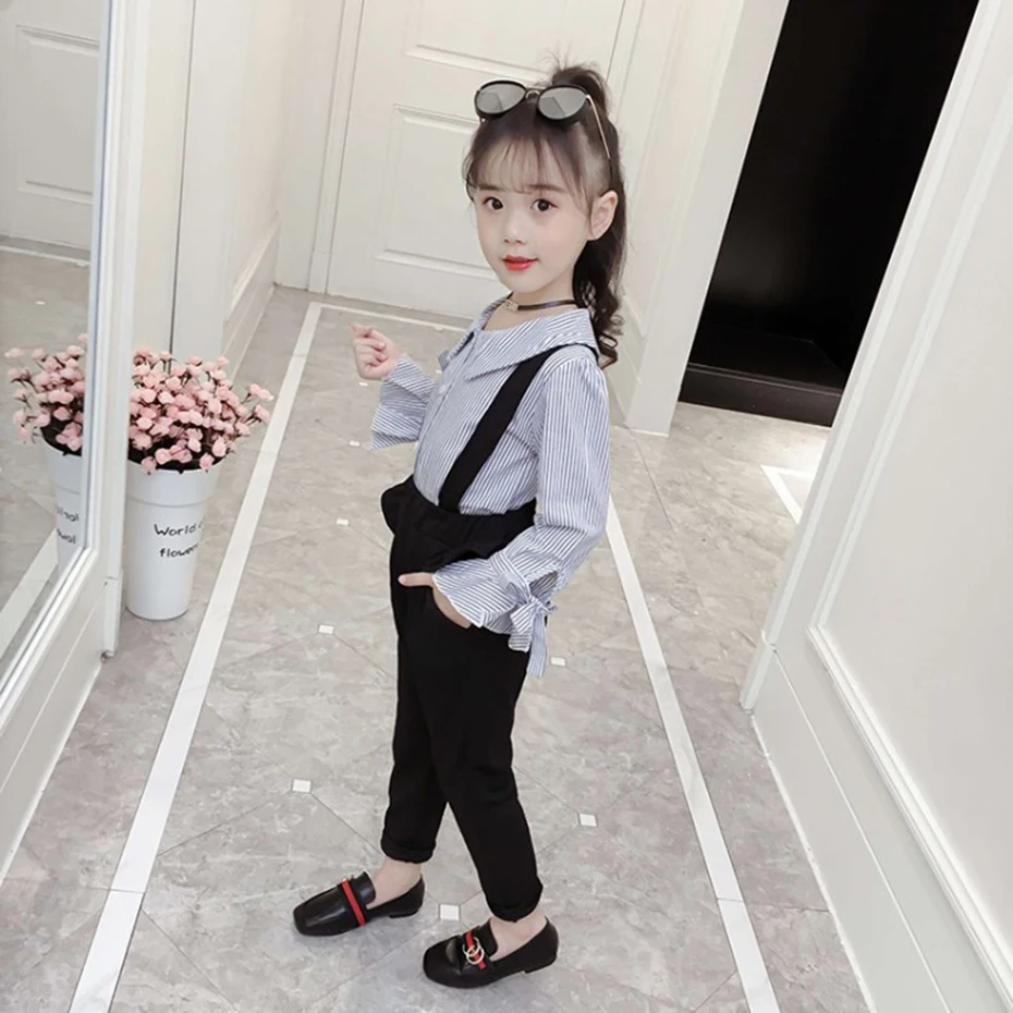 Kids Clothes Girls Striped Shirt& Jumpsuit Girl Clothes Patchwork Overalls Girl Suits Fall Fashion Children's Suit 6 8 10 12 14