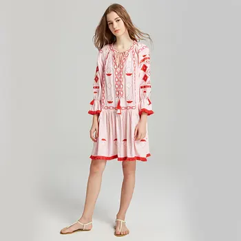 

Summer new women's travel holiday ethnic style mini dress V collar lantern sleeve embroidery holiday beach dress