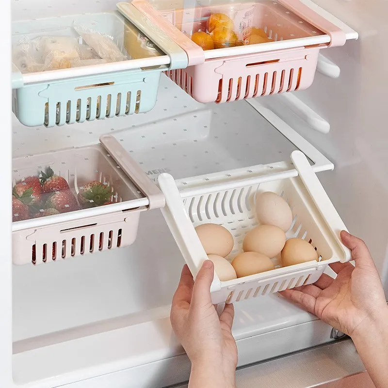 Adjustable Kitchen Fridge Storage Rack Home Organizer Food Container Refrigerator Drawer Storage Boxes Rack Retractable Shelf