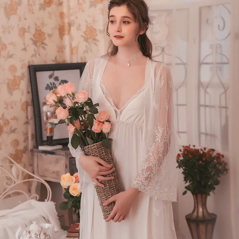 

Princess Suspender Nightdress 2 Piece Large Woman Sexy Nightgown Autumn Sexy Lace Retro Palace Sleepwear Robe Lingerie Sleep Set