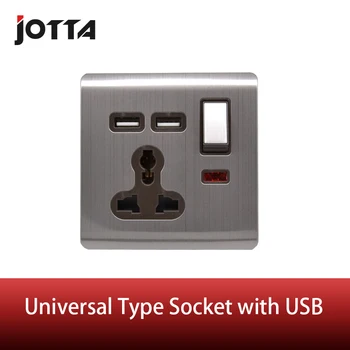 

wall socket 13A with switch double USB wall socket stainless steel wire UK/US/EUR universal socket