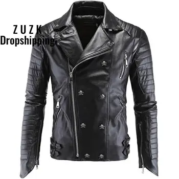 

ZUZK Drop Shipping Men's Winter Leather Jackets Faux Jacket Korean Stylish Slim Fit Coats Men Moto Skull Suede Jacket Men