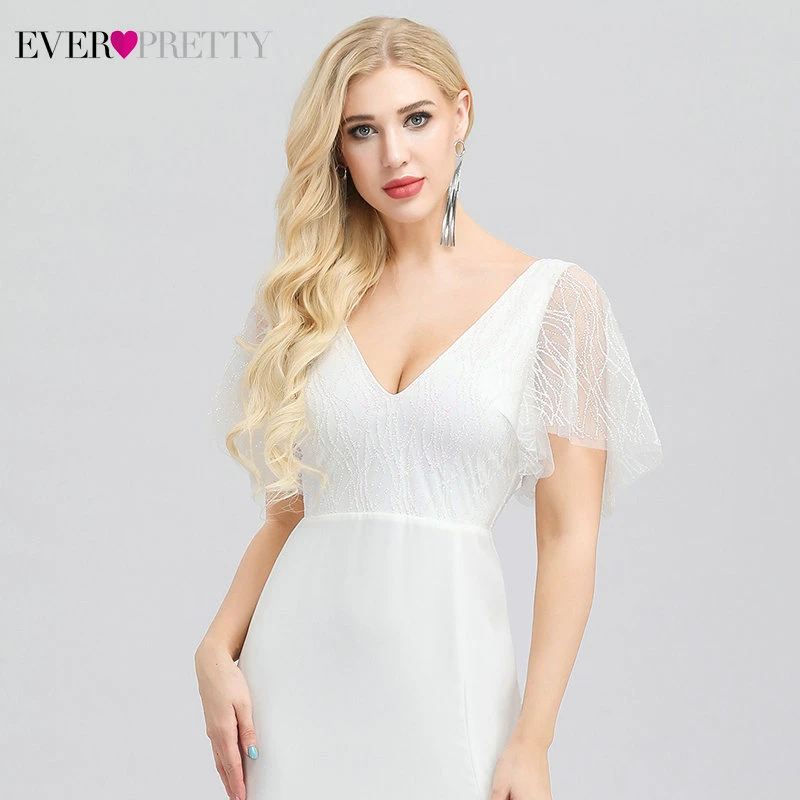 Elegant White Prom Dresses Ever Pretty EP00974 Mermaid V-Neck Short Sleeve Ruffle Side Split Formal Party Gowns Vestidos De Gala