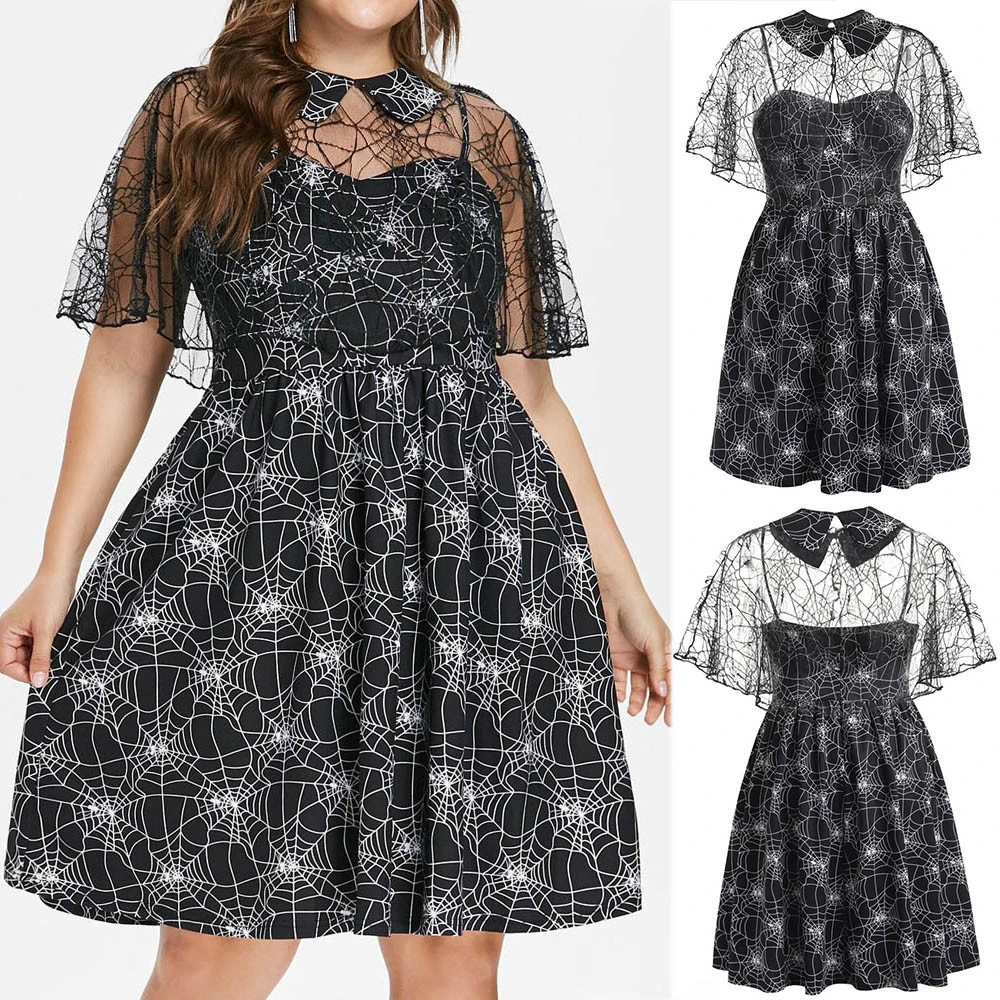 Plus Size Halloween Dress Party Cobweb Print Yarn Sleeveless Dresses Female Suspender Autumn Dress Evening Winter Ladies 805