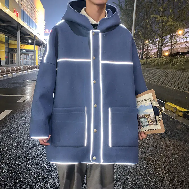 

Winter Reflective Woolen Coat Men's Warmth And Fashion Casual Hooded Woolen Coat Men Korean Oversize Woolen Coat Mens Overcoat