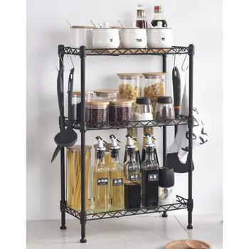 

Multi-function Carbon Steel Storage Rolling Cart 3 Tier Shelf Rack Organizer Adjustable Rack with 4 Hooks