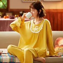 New Spring and Autumn Pajamas Women's Drawstring Cotton Long-sleeved Trousers Simple Pullover Ladies Home Service sleepwear