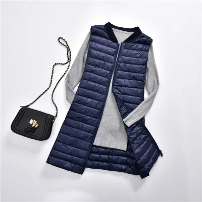 Women Duck Down Long Vest Ultra Light Portable Slim Waistcoat Female Stand Collar Sleeveless Down Jacket Navy blue