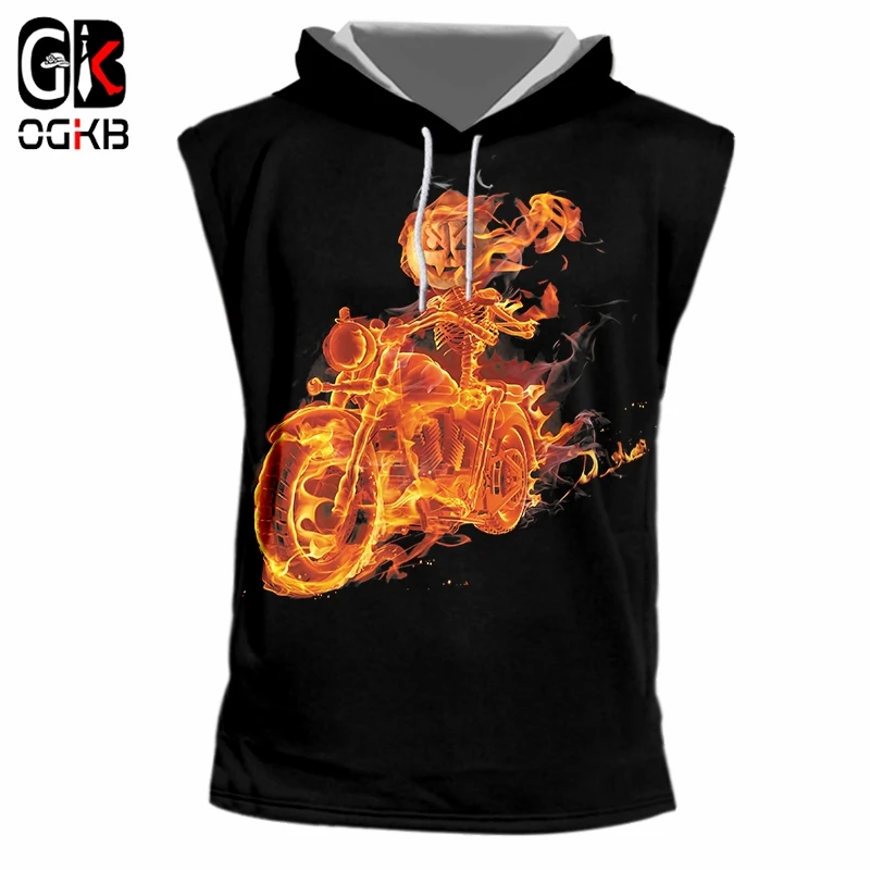 OGKB летний крутой жилет со шляпой с принтом пламени для мотоцикла 3D капюшоном