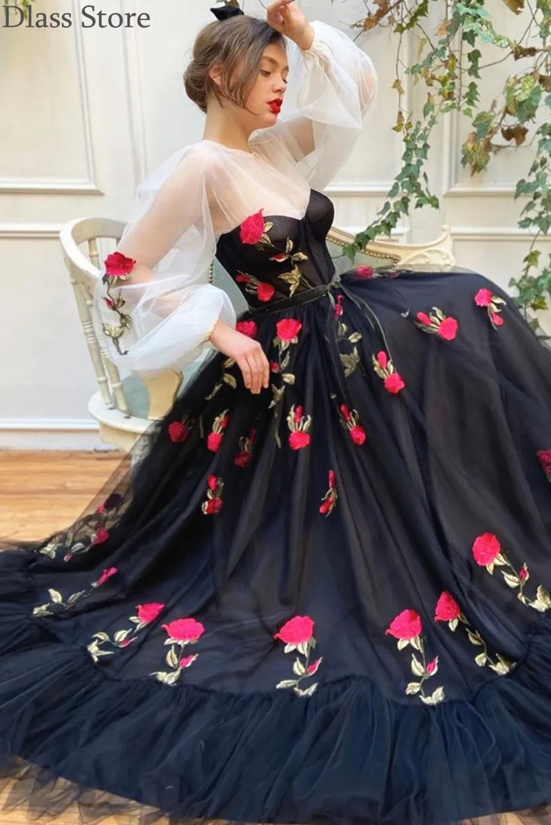 

Black Evening Dress A-line Flowers Applique Tulle Long Illusion Sleeves O-neck Floor Length 2020 New Prom Dress  