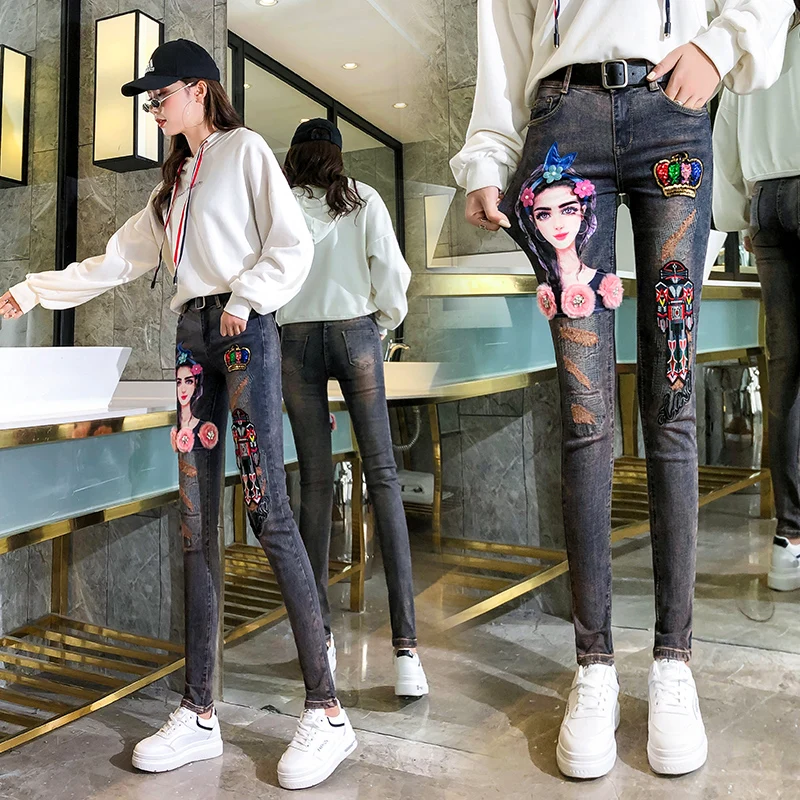 Skinny Stretch Pants Autumn Jeans Women New Embroidery Cartoon High Waist Slim Pencil Pants Girls Ladies Jeans Vaqueros De Mujer