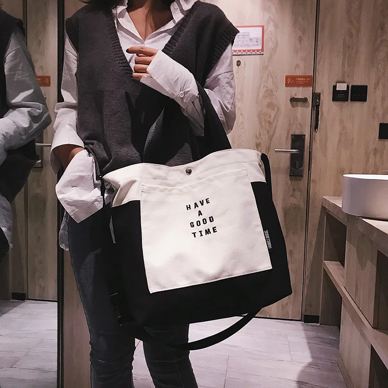 

Europe And America Style Canvas Large Capacity Shopping Bag Contrast Color One-Shoulder Diagonal Handbag