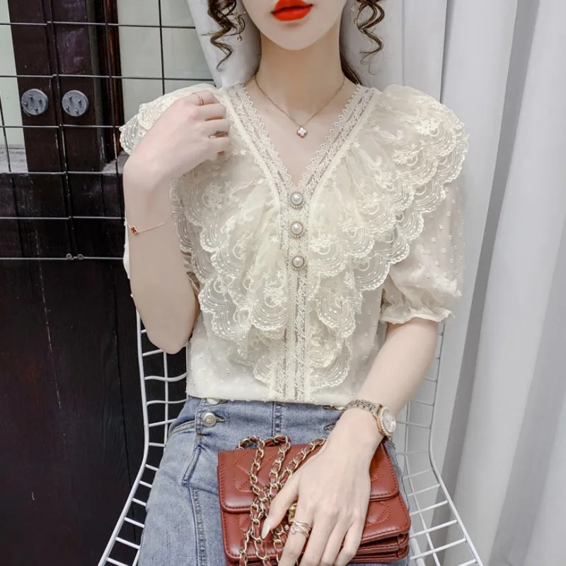 Swiss Dots Summer Palace Shirts V Neck Sweet Ruffled Pearl Buttons Layered Ruffle Tops Lace Crochet Party Work Business Blouse summer jumpsuits 2022 new fashion women elegant wide leg pants party rompers loose buttons casual solid overalls