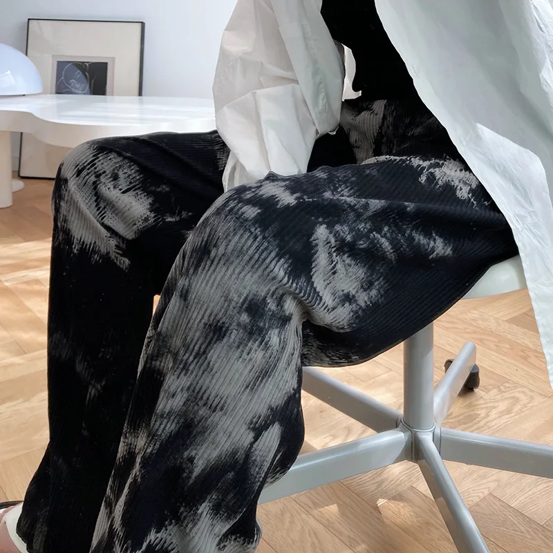 Autumn New Ink-wash Tie-dye Dizzy Drawstring Pants High Waist Straight Casual Mop Sports Pants For Women