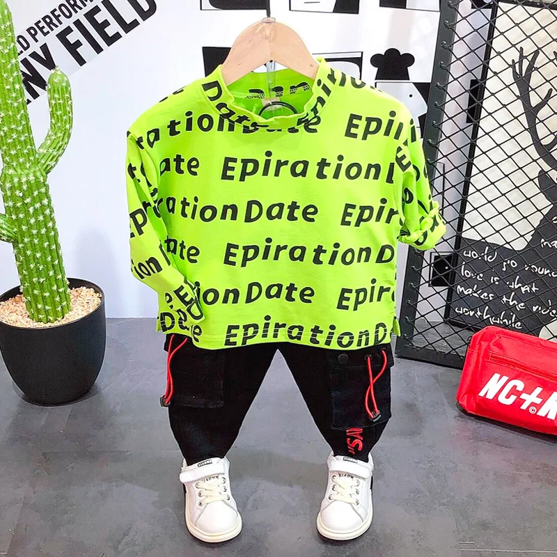 t-shirt and pants Топы для мальчиков, футболка весенне-осенняя модная базовая хлопковая футболка с надписью повседневная одежда для фитнеса, уличная детская рубашка, костюм для детей от 2 до 8 лет - Цвет: t-shirt and pants