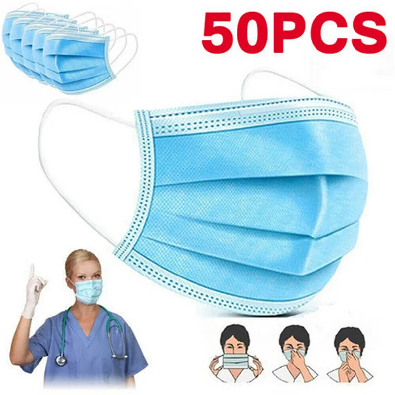 

50PCs Disposable Face Mask Dust-Proof 3-Ply Nonwoven Fabric Mask Blue White Face Mouth Masks Anti-Dust Disposable Mask 4FZ
