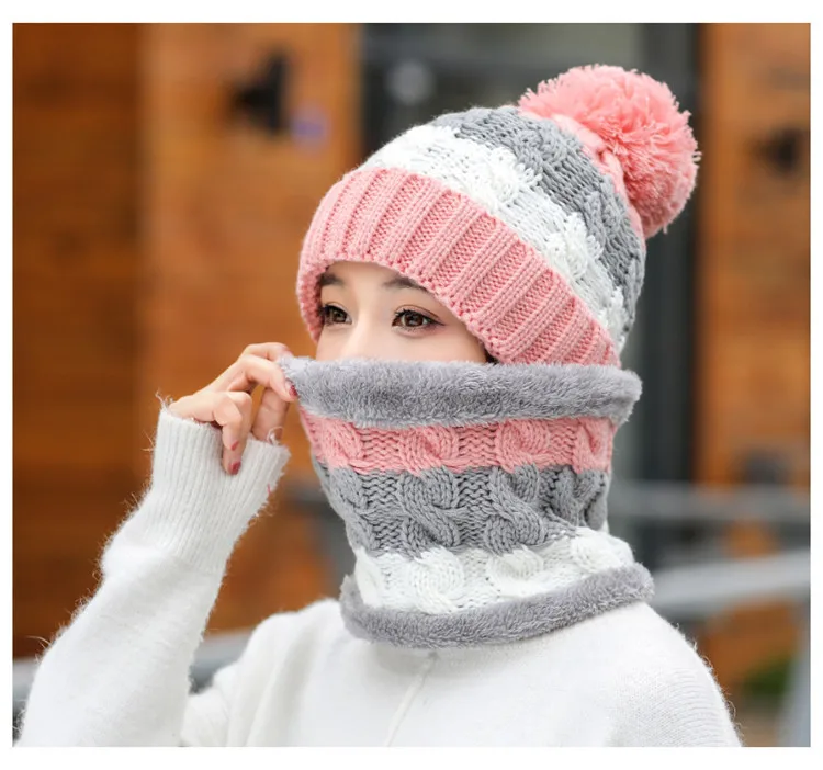 Розовый New Winter Women's Velvet Wool Hats Twist color matching Beanies Skullies Hat Female Riding Bib Knitted Hats Sets Wholesale - Цвет: Розовый