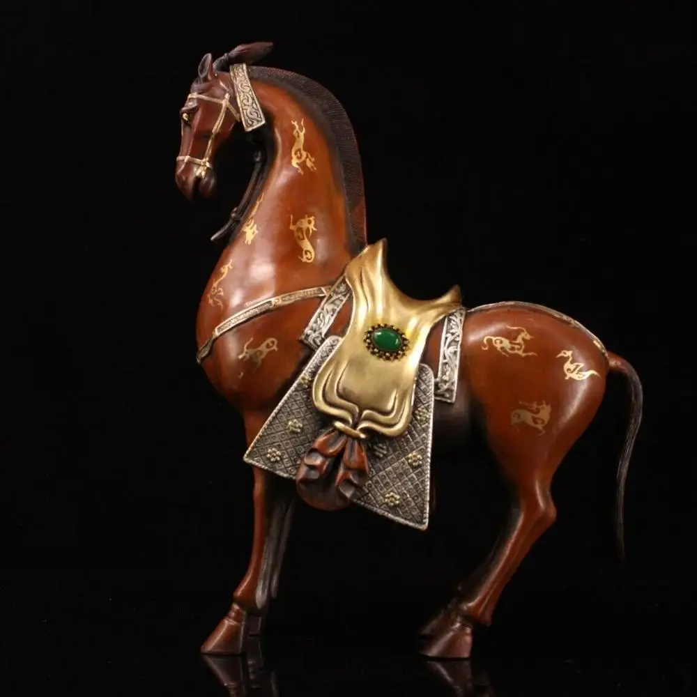 

Wedding Decoration 13" Old Chinese Feng Shui Bronze Gilt 24k Gold Gem steed robust War Horse Statue