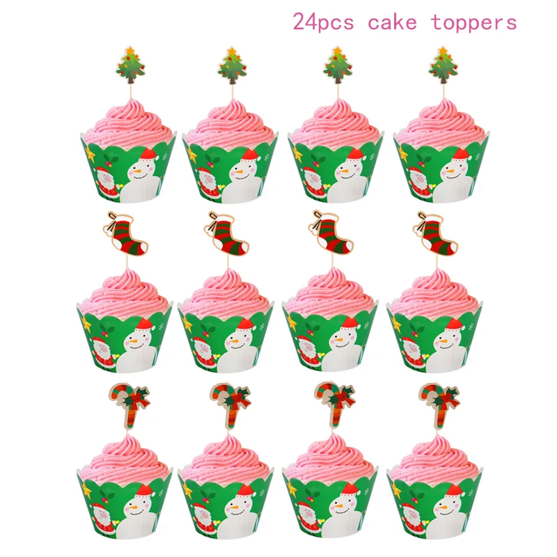 24pcs cake toppers Новогодний Топпер для торта веселый рождественский капкейк Топпер флажки для украшения дома Navidad новогодние вечерние на Рождество kerst natal - Цвет: 24pcs cake toppers
