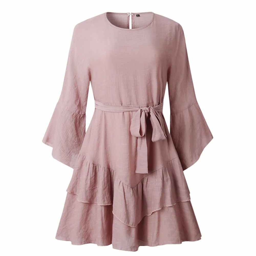 Lzecella/осеннее платье с длинными рукавами и поясом; женское Плиссированное Короткое мини-платье с оборками; розовое элегантное праздничное свободное пляжное платье