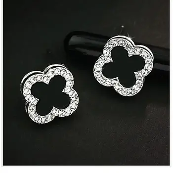 

S925 Sterling Silver Stud Earrings New Classic Boutique Jewelry Heart-shaped Leaf Inlaid Black Zircon Earrings