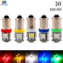 10 шт./лот, 24 В, BA9S W6W 5050, 5 SMD светодиодный светильник, авто лампа, клиновидный маркер, светодиодный индикатор для автомобиля, грузовика, сигнальный светильник, лампа для чтения на парковке, 60лм