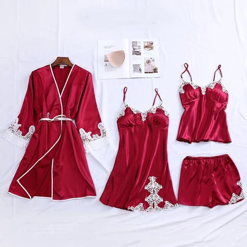 

Sexy Nightwear Gown Set Women 4PC Pyjama V-Neck Pajamas Silky Sleepwear Spring Lady Sleep Suit Robe Wear Home Negligee Homewear