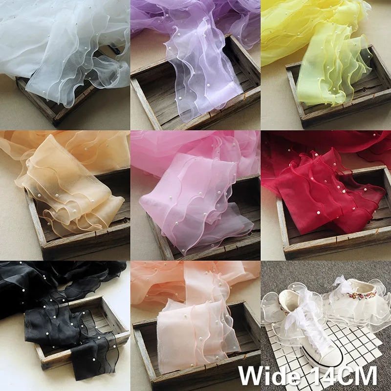 14CM Wide Luxury Three Layers Tulle Organza Beaded Lace Appliques Fringe Ruffle Trim Ribbon Handmade DIY Hats Shoes Sewing Decor | Дом и сад