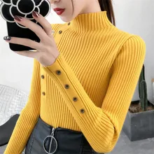 Women Autumn Knitted Sweater Solid Knitted Female Cotton Soft Elastic Color Pullovers Button Full Sleeve Turtleneck