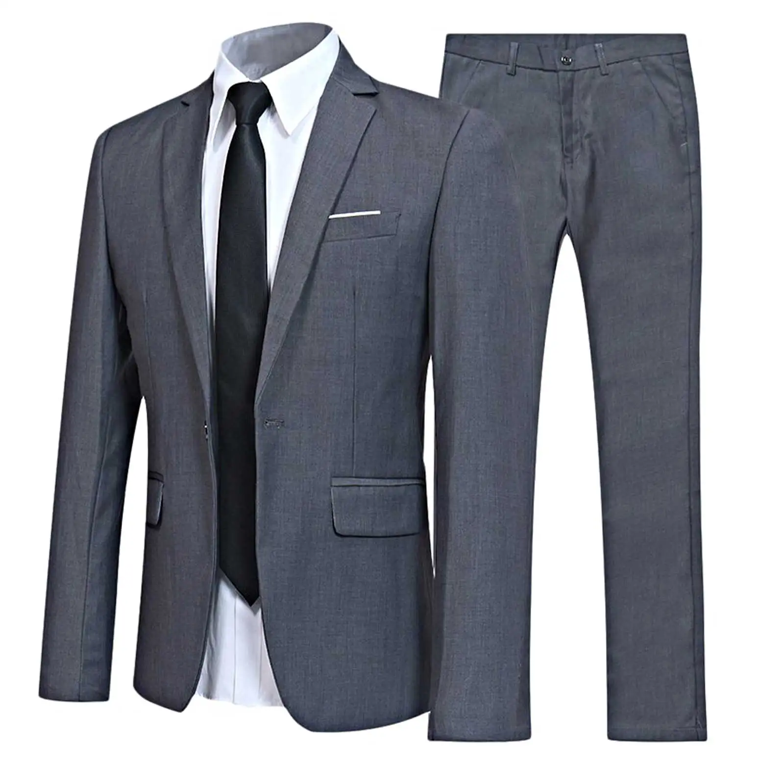 2Pcs Men Gentleman Suit One-Button Notch Flap Pockets Lapel Long Sleeve Jacket Blazer Long Pants Set for Office Meetings