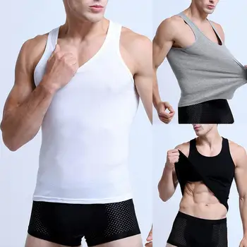 

2020 Sporty Men Solid Color Low-cut Neck Sleeveless Cotton Vest Breathable Tank Top