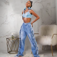 Женские свободные прямые брюки с бахромой со средней посадкой, сексуальные длинные вымытые синие Панталоны De Mujer, повседневные уличные модные широкие брюки Mujer