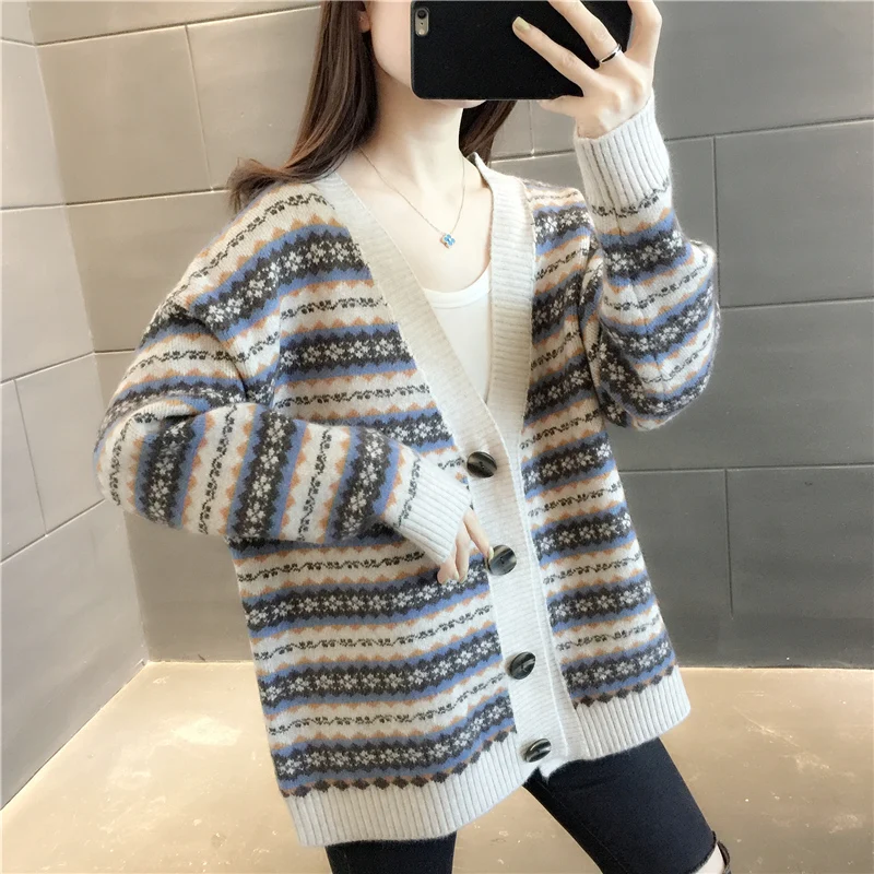 

Room 209363, row 5, No. 1 middle] real shooting, V-neck sporadic stripe knitted cardigan [1133] 53