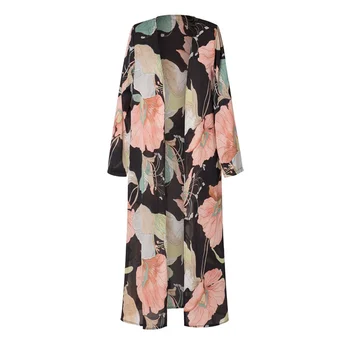 

2018 Summer Women Casual Vintage Flora Printed Kimono Cardigan Ladies Long Chiffon Loose Sun Protection Blouse Tops Black