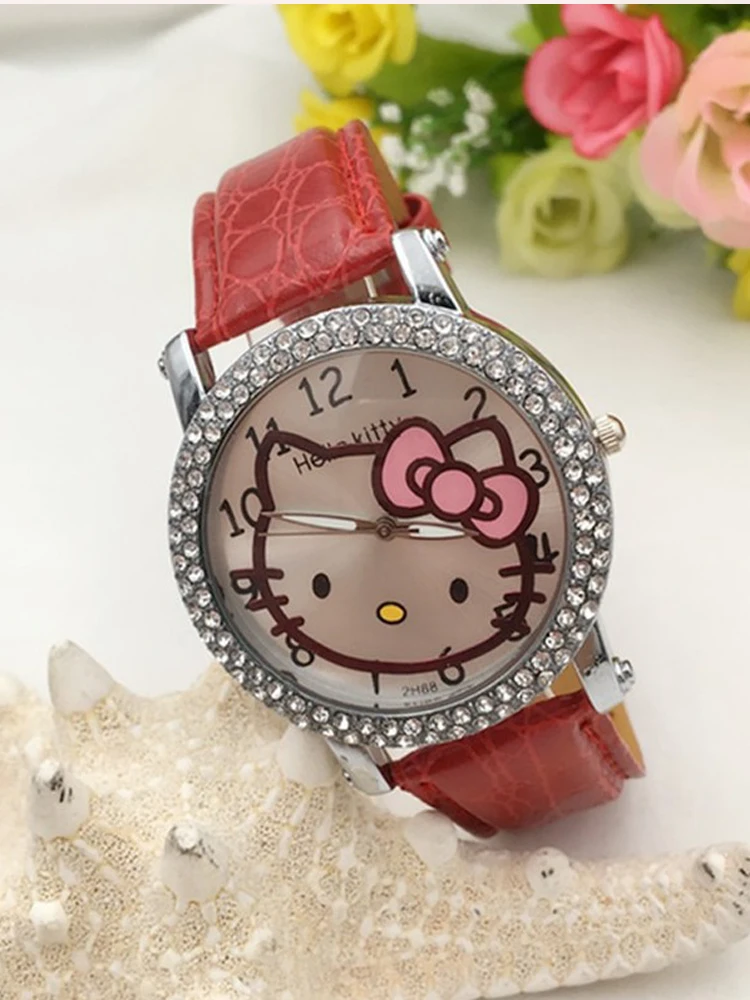 Повседневные часы для девочек с кошкой hello kitty, милые детские часы с кожаным ремешком, стразы, милые детские кварцевые наручные часы - Цвет: Красный