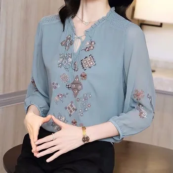 

Shirt Women's Summer 2020 New Embroidered Bowknot Lantern Three-quarter Sleeve Stand Collar Chiffon Top