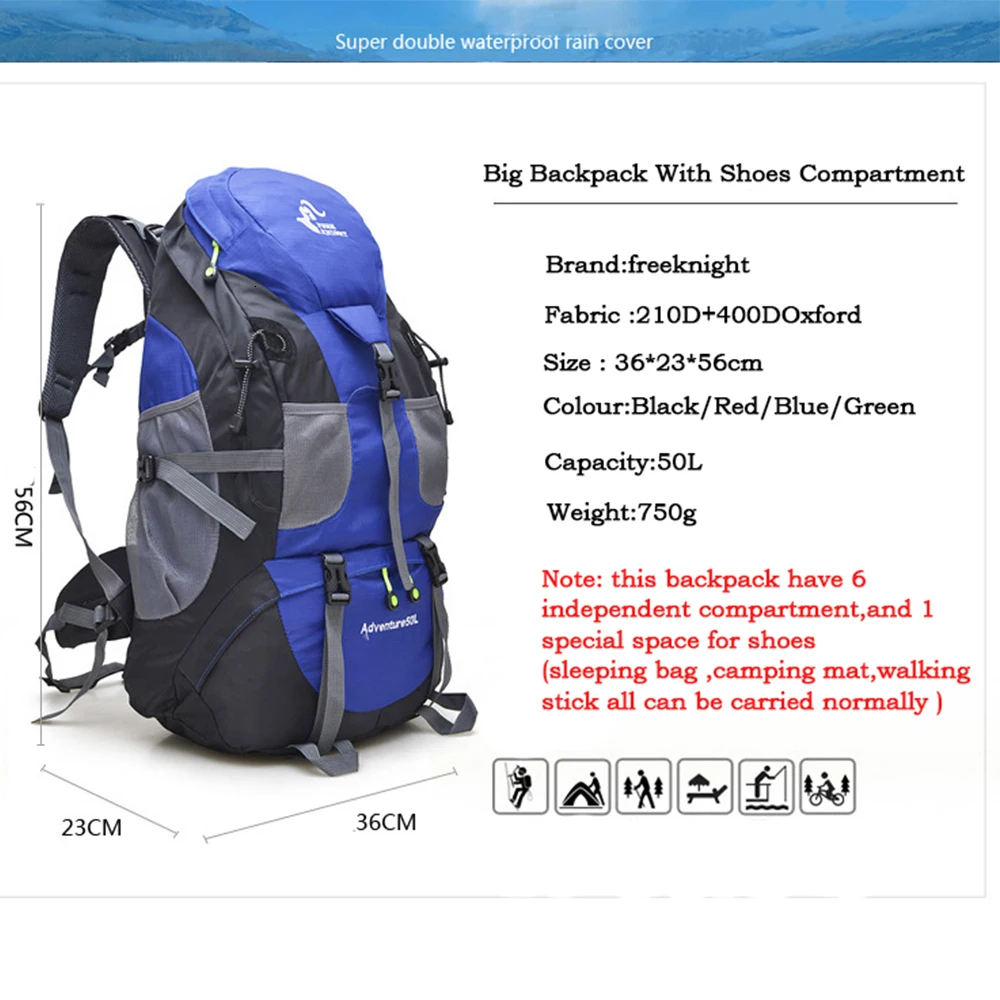 50L Large Outdoor Waterproof Raincover Backpack Camping Bag Hiking Backpacks Waterproof Mountaineering Travel Climbing Rucksack