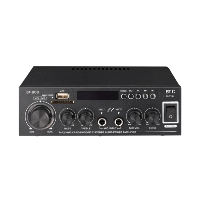 

Mini Power Amplifier Audio MP3 Player FM Radio BT Digital Audio Receiver LCD Display Dual Microphone Input BT Amplifier(EU Plug)