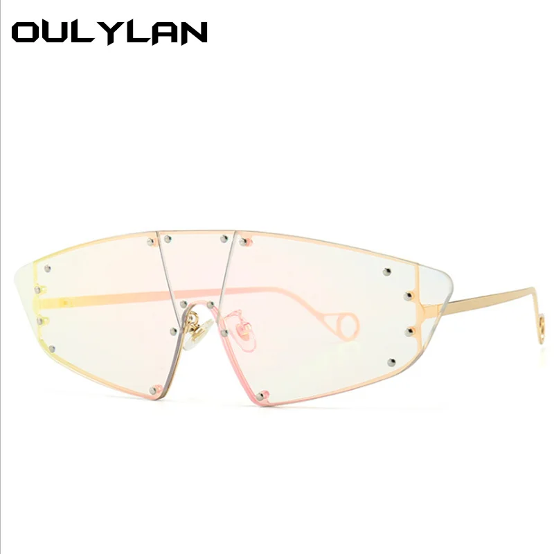 Oulylan цельные негабаритные Солнцезащитные очки женские винтажные без оправы Солнцезащитные очки «кошачий глаз» мужские фирменные дизайнерские очки с заклепками UV400
